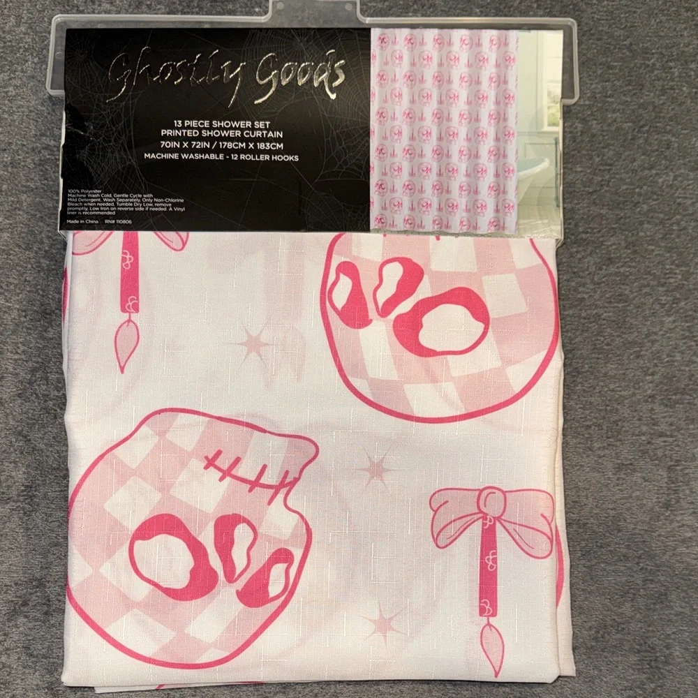 Ghostly Goods- NWT Pink and White Skulls Shower Curtain
